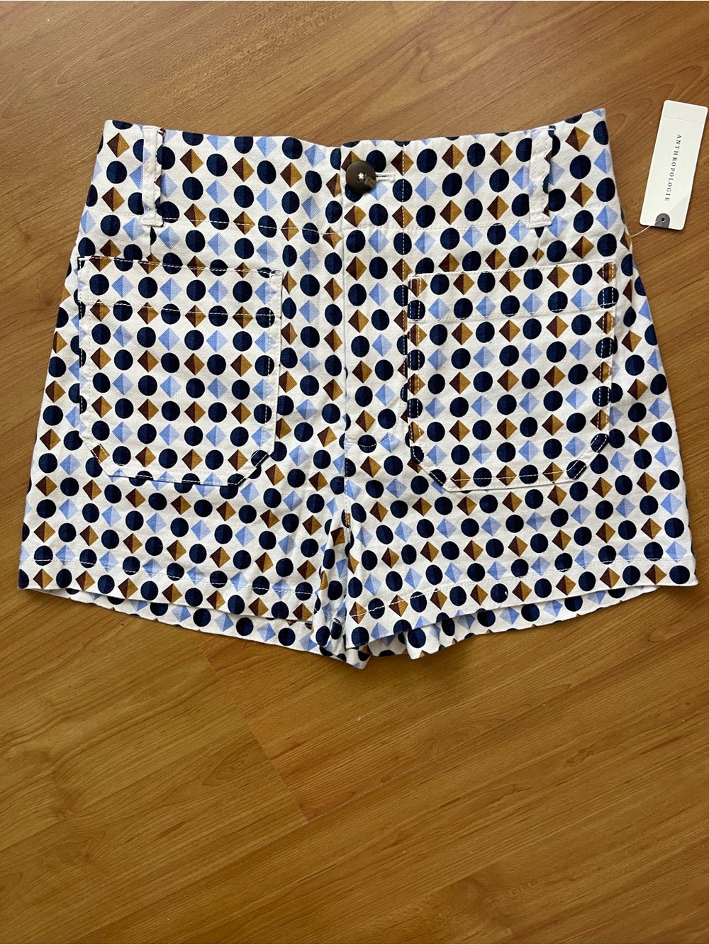 Anthropologie Geometric Dot High-Rise Shorts in White, Navy & Brown
